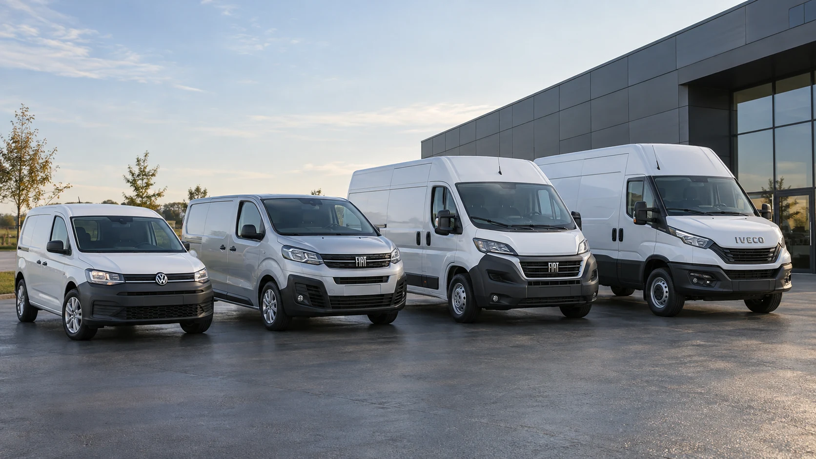 Ilustrační sestava užitkových vozidel Volkswagen Caddy, Fiat Scudo, Fiat Ducato a Iveco Daily